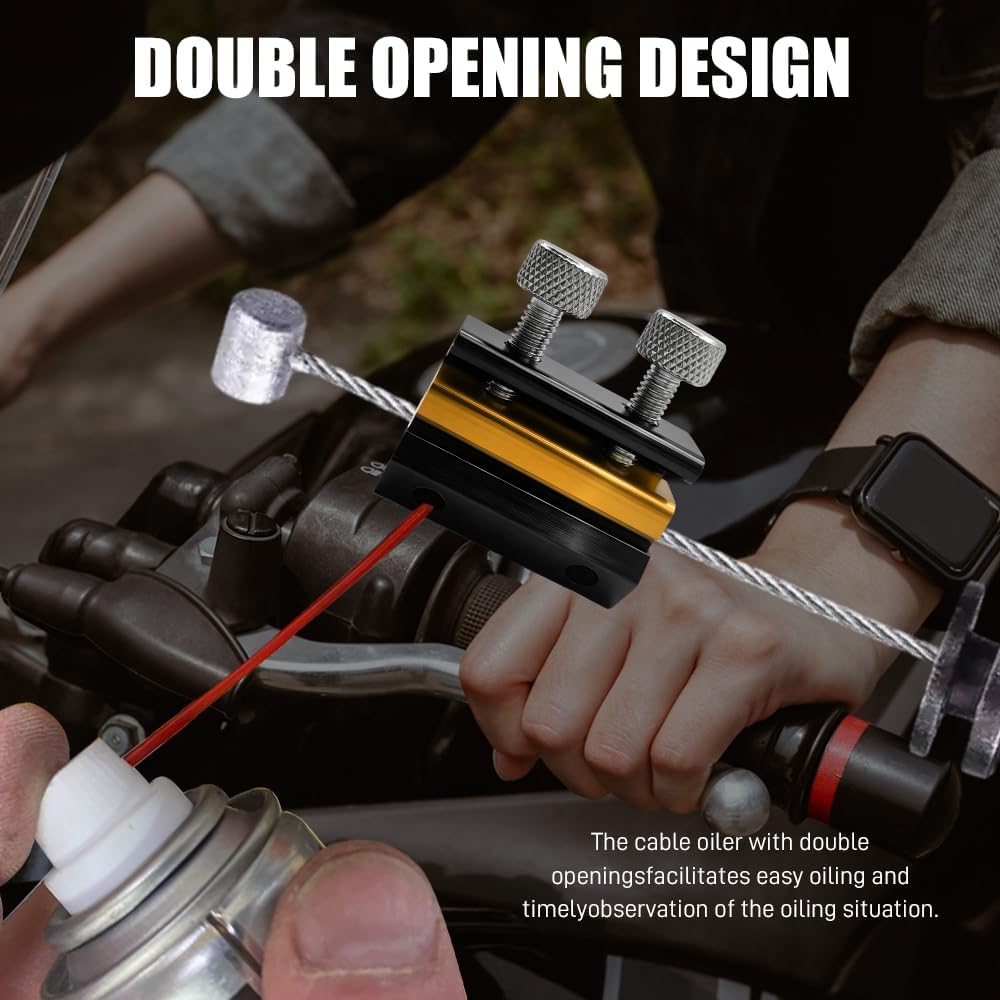 Cable Luber Tool, Motorcycle Tools, Double-Headed Motorbike Wire Oiler Cable Lubricator Twin Clamp, Portable Aluminum Throttle Clutch Brake Wire Lube Tool for Motorcycle Bike (Black Gold)