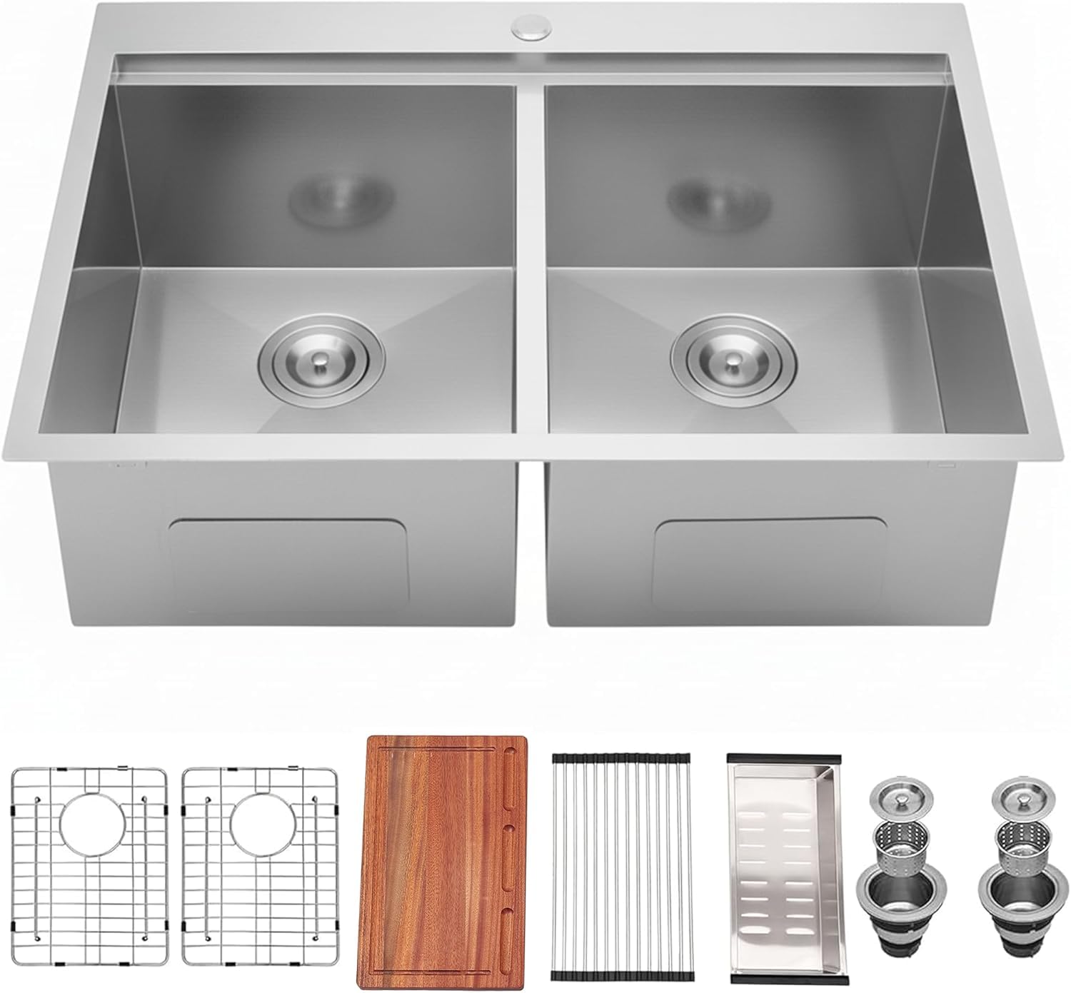 IKEBANA 33 x 22 Inch Double Bowl Kitchen Sink Drop in, Brushed Nickel 16 Gauge Stainless Steel Topmount 50/50 Double Basin Workstation Kitchen Sink