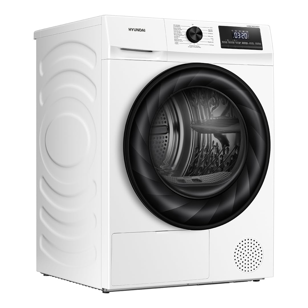 Hyundai Secadora Bomba de Calor, Secadora de Bomba de Calor, 9kg, Carga Frontal, Blanco, HSBC9DDW01. 650W, 15 Programas, Función Antiarrugas, Tambor Waterdrop, Display LED, Clase D