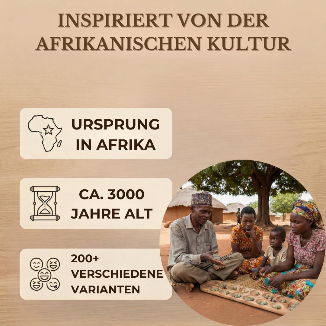 Exklusives Kalaha Spiel aus Echtholz | Steinchenspiel mit kunstvollen Afrikanischen Gravuren | Edles Kalaha Strategiespiel inkl. Natursteinen | Klappbar & Dekorativ