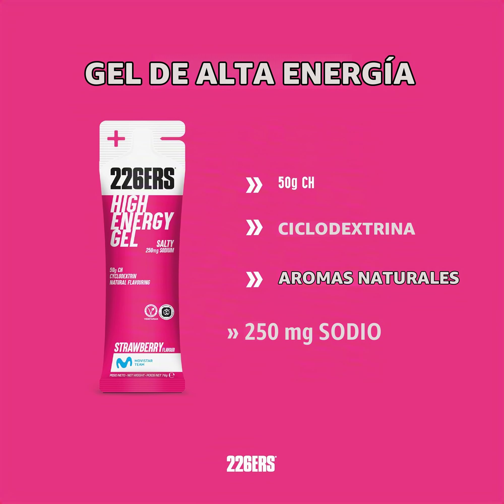 226ERS High Energy Gel, Gel Energético Deportivo, Fresa 24 x 76g | 50g de hidratos, energía prolongada con ciclodextrina, rápido vaciado gástrico, mejor digestión, sin gluten, sin lactosa