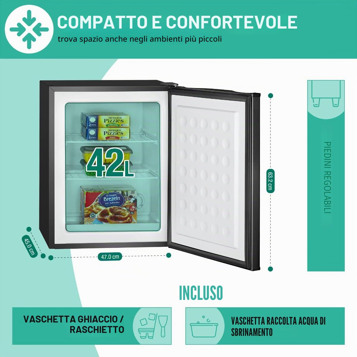 Congelatore compatto Bomann con capacità utile di 42 litri, mini congelatore con 2 ripiani in filo metallico rimovibili, cerniera della porta reversibile e controllo continuo della temperatura