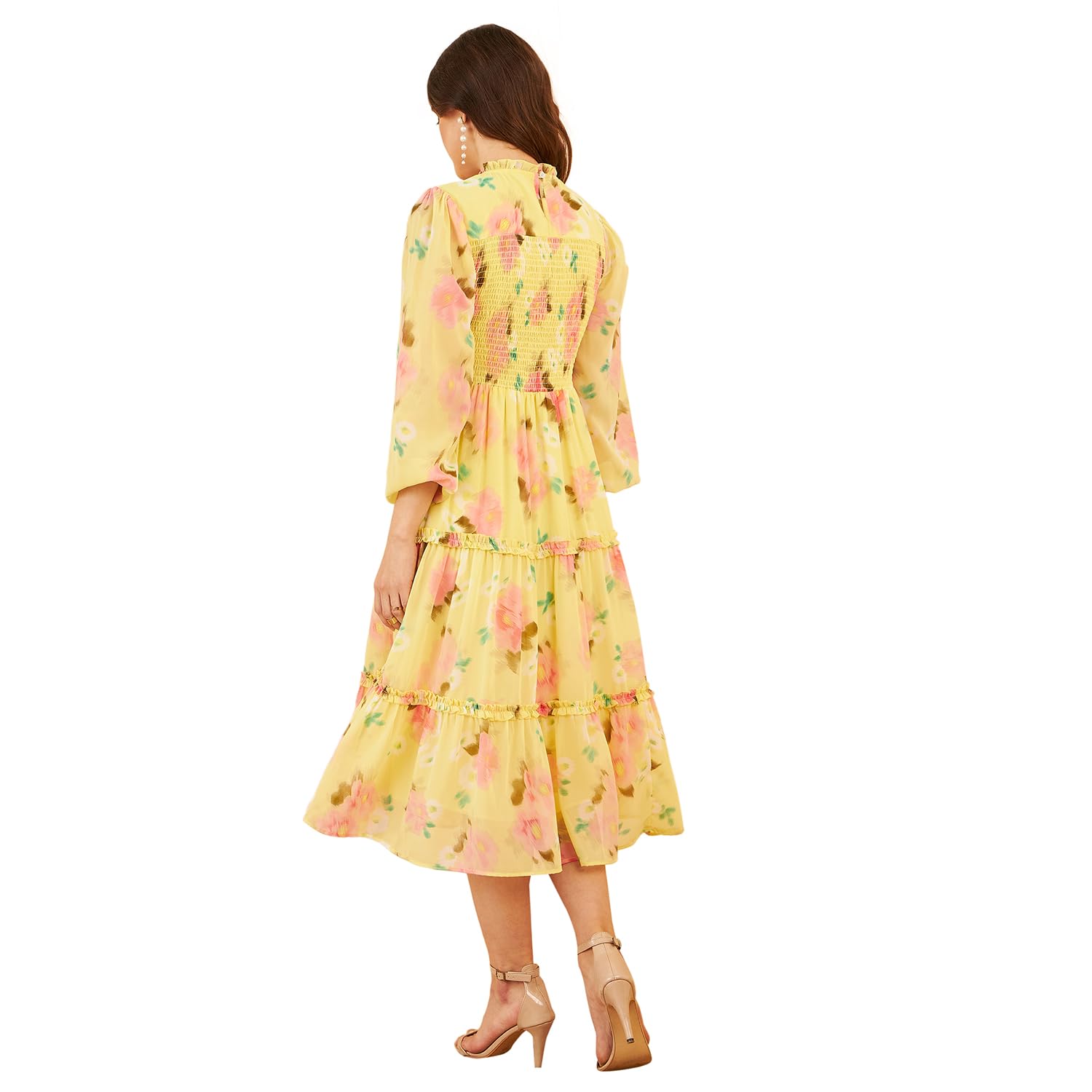 Rare Women's Georgette Fit And Flare Midi Dress (Ep7537E_Yellow