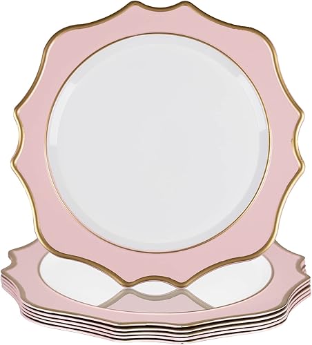 MAONAME Juego de 6 platos de carga rosados de 13 pulgadas, cargadores redondos para platos llanos, cargadores de placa festoneada con borde dorado,