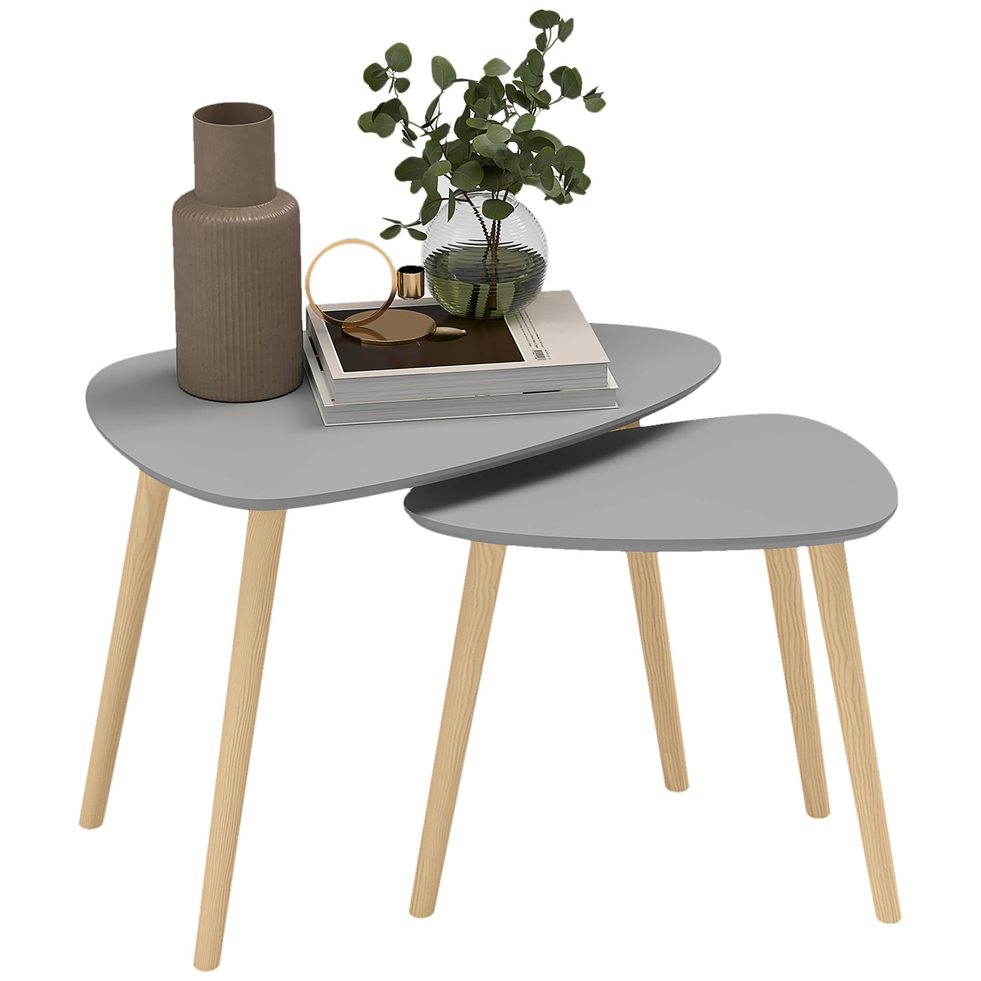 HOMCOM Set di 2 tavolini con gambe in legno Tavolini da caffè per soggiorno, camera da letto, ufficio 59,5x39,5x45 cm e 44,5x28,5x40 cm Grigio e naturale