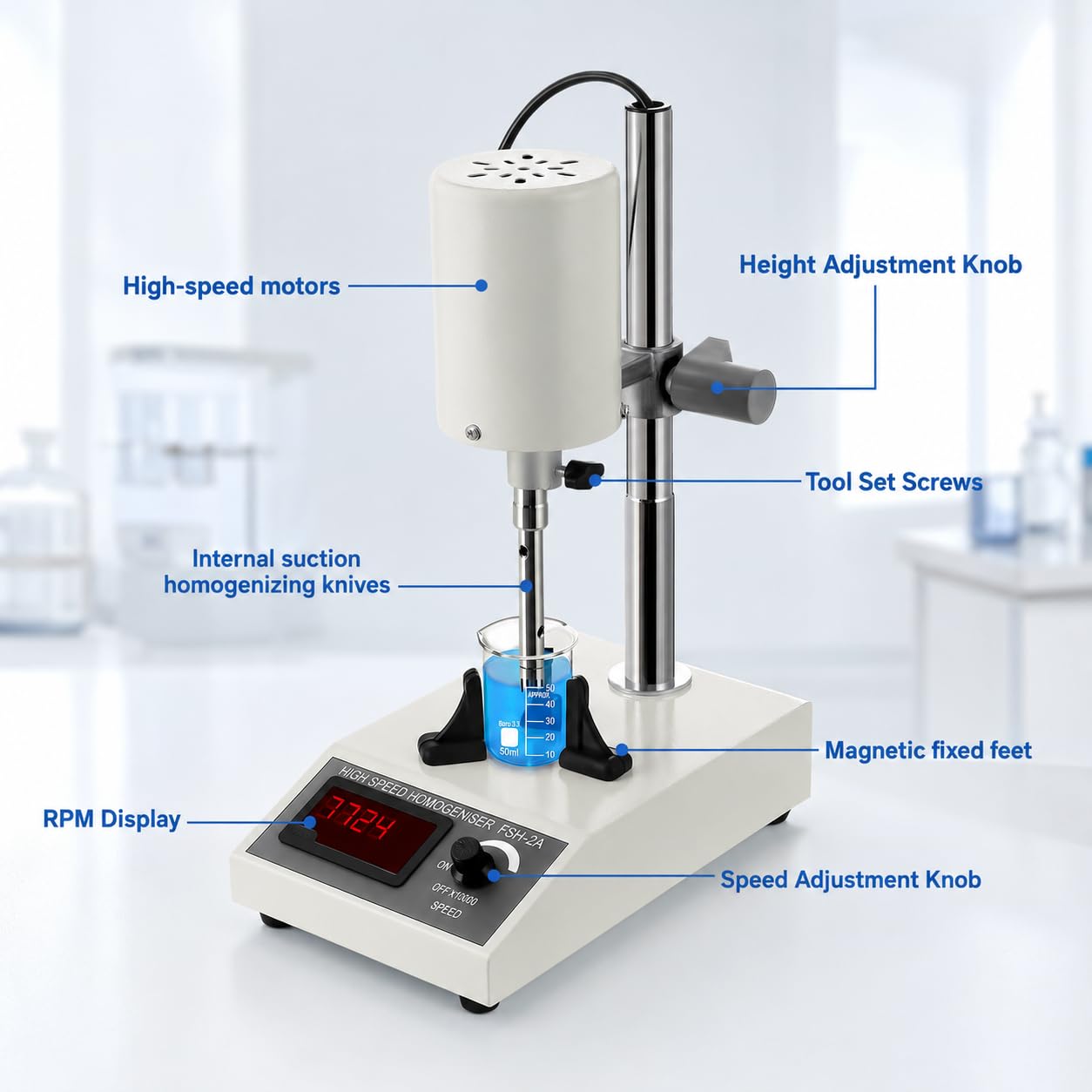 Labor-Homogenisator, digitaler Dispergator, Emulgator, 8000-22000 U/min, höhenverstellbar, für Medien, Zelldispersion, Kosmetik, Lebensmittel – 5-500 ml Kapazität