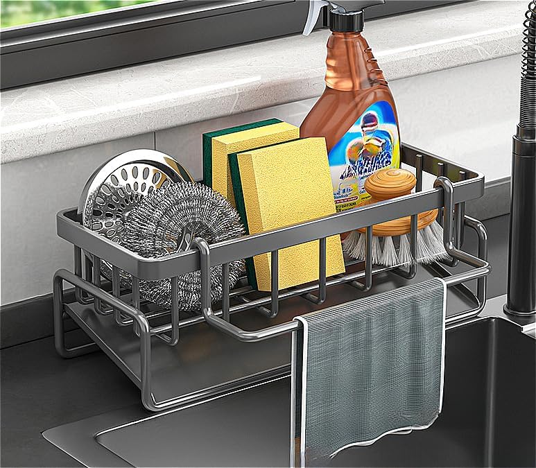 MOMENT Kitchen Sink Caddy Sponge Holder with Inclined Water Drain Tray and Towel Holder Rustproof Carbon Steel Kitchen Over Sink Organizer Space Saving for Countertop Sponge Soap Dispenser Storage