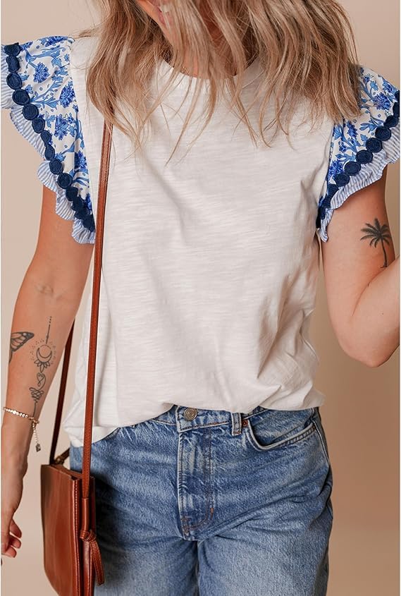 Ruffle Sleeve Tops for Women Bohemian Floral Trim Crewneck Tshirts Casual Loose Patchwork Cap Sleeve Peasant Tops2