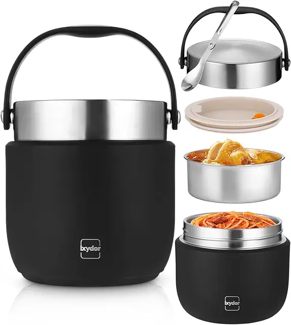 Boîte Repas Isotherme 1200ml avec Cuillère - Thermos Alimentaire Chaud/Froid Noir