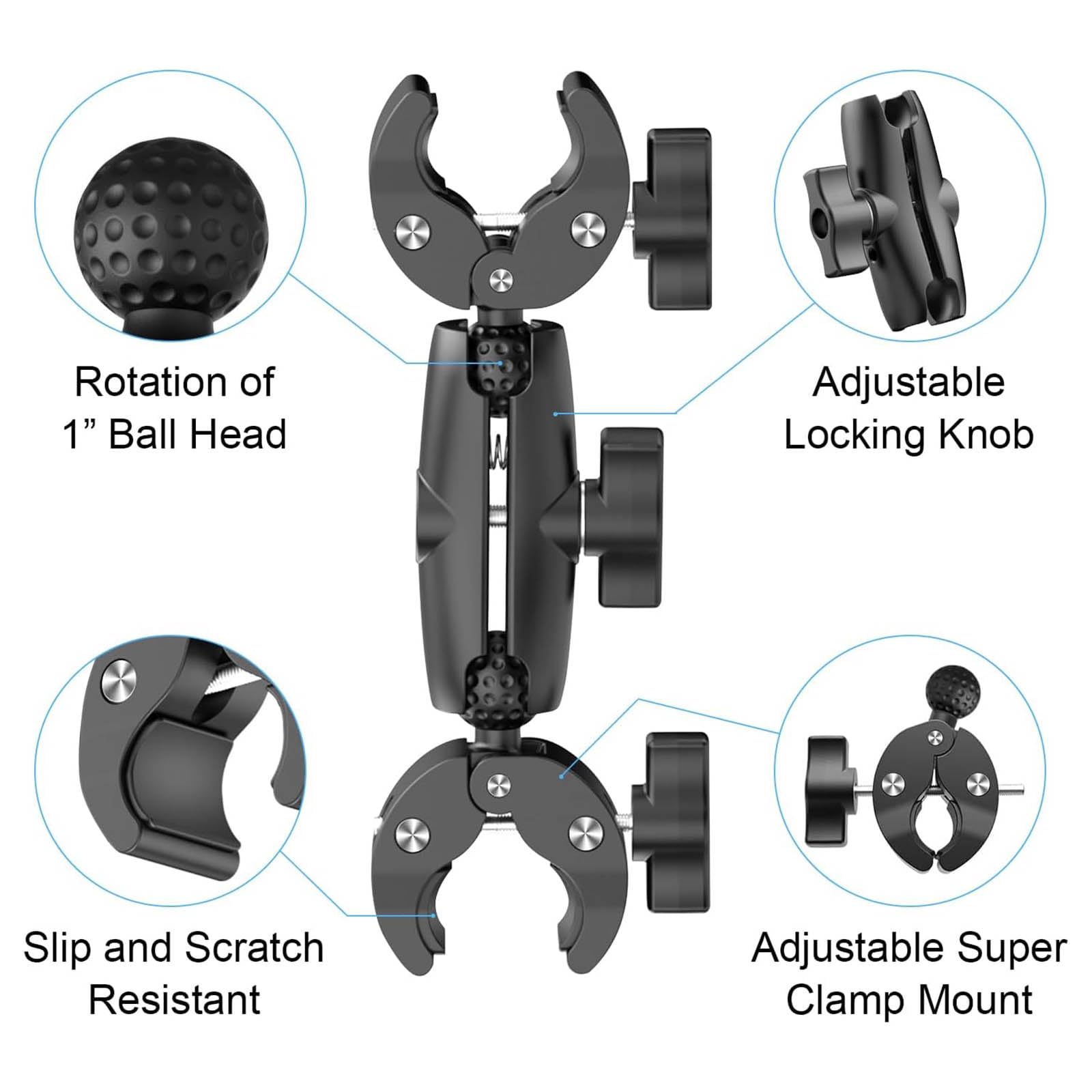 Supporto Action Camera, Morsetto di supporto per selfie moto, Supporto Morsetto per Fotocamera, Morsetto a Doppia Testa, per Gopro Insta360 OmbrelloTreppiede Supporto di Luci Bici Manubrio
