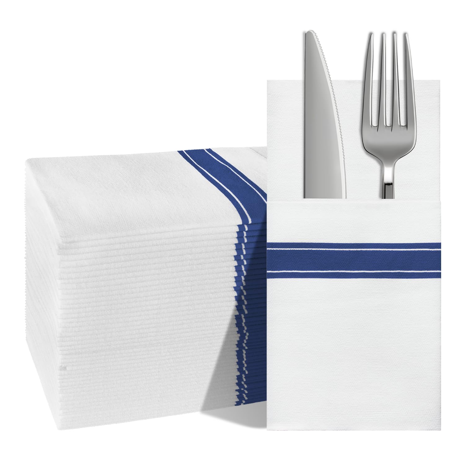 KMAKII Paper Dinner Napkins with Built-in Flatware Pocket Disposable Paper Cloth Like Hand Napkins Absorbent Napkins for Parties, Weddings, Events Linen-Feel (100 Pack,16x16 inches-Blue Stripe…