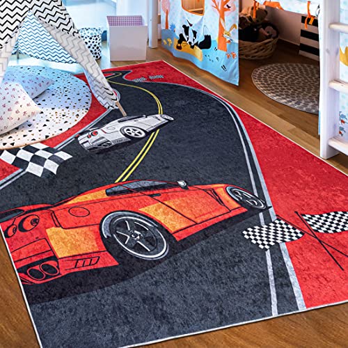 Mazovia Tapis Chambre Enfant - Lavable Tapis Imprimé à Poils Courts - Doux Moquette pour Chambre - Tapis Antidérapant Emma - Tapis Enfant Voiture de Course - Rouge Noir 80x150cm Cover