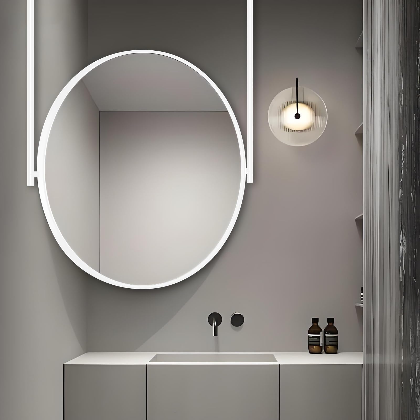FGXHHS White Metal Frame Ceiling Mounted Mirror, Wall Vanity Makeup Bathroom Decorative Simple Customizable Boom Hanging Mirror(Diameter-70CM/27.6INCH)