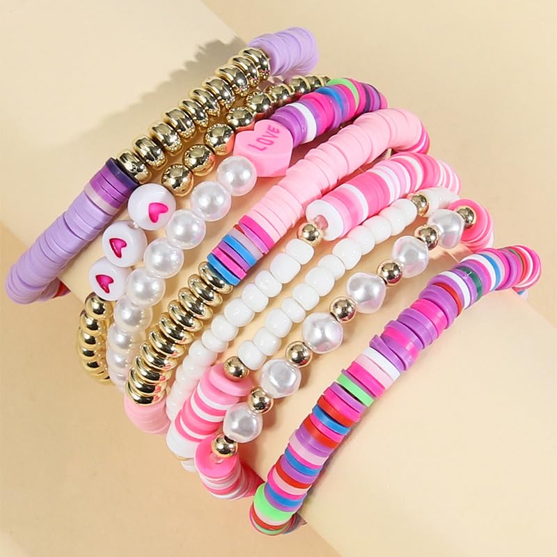 COLORFUL BLING 5-12Pcs Bohemian Love Heart Bead Bracelets for Women Vinyl Disc Heishi Surfer Stackable Stretch Bracelet Summer Beach Boho Jewelry4