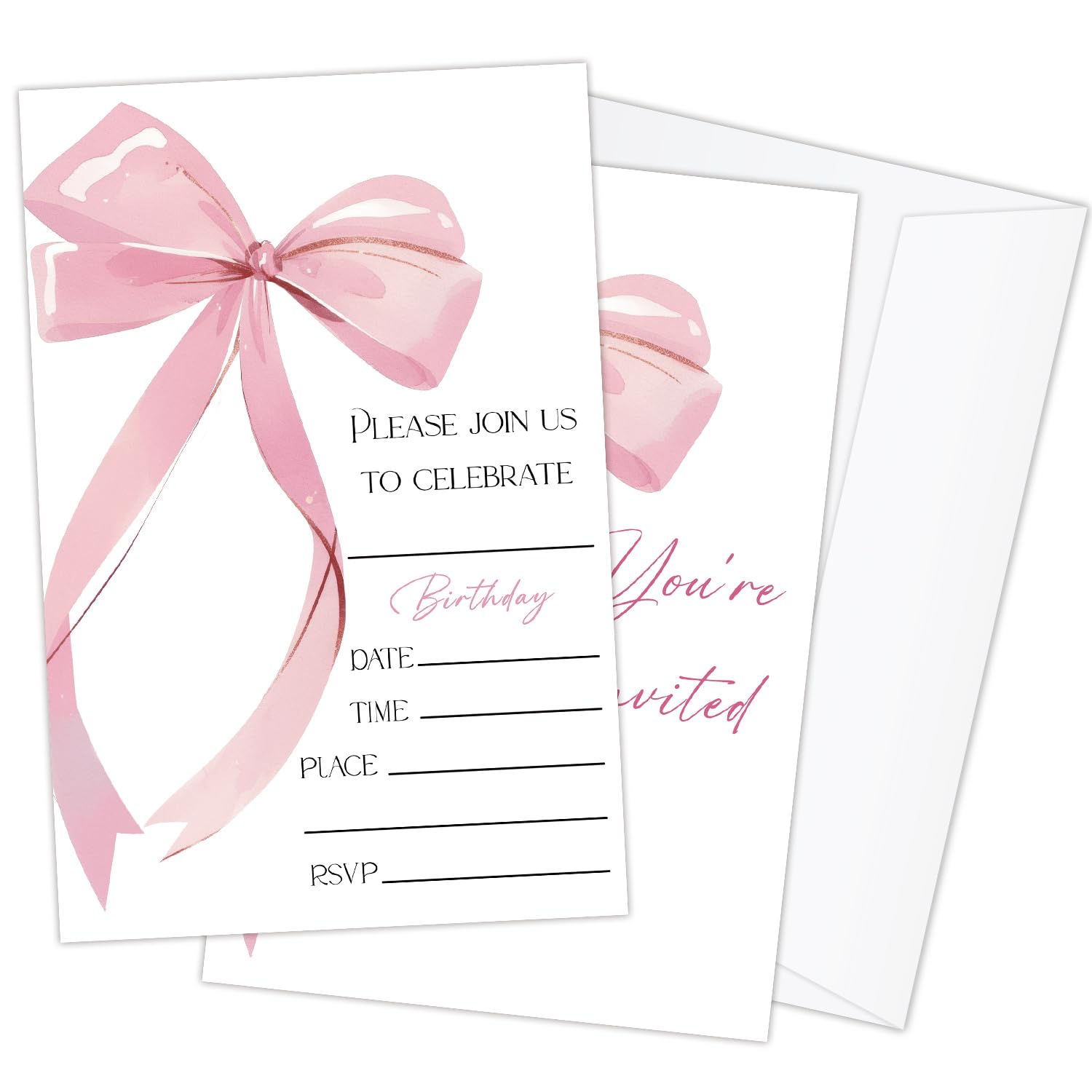 HQLOW 20 Pack Pink Bow Birthday Party Invitations with Envelopes for Teens Adults Girls, Birthday Celebration Party Invites Invitation Cards -13