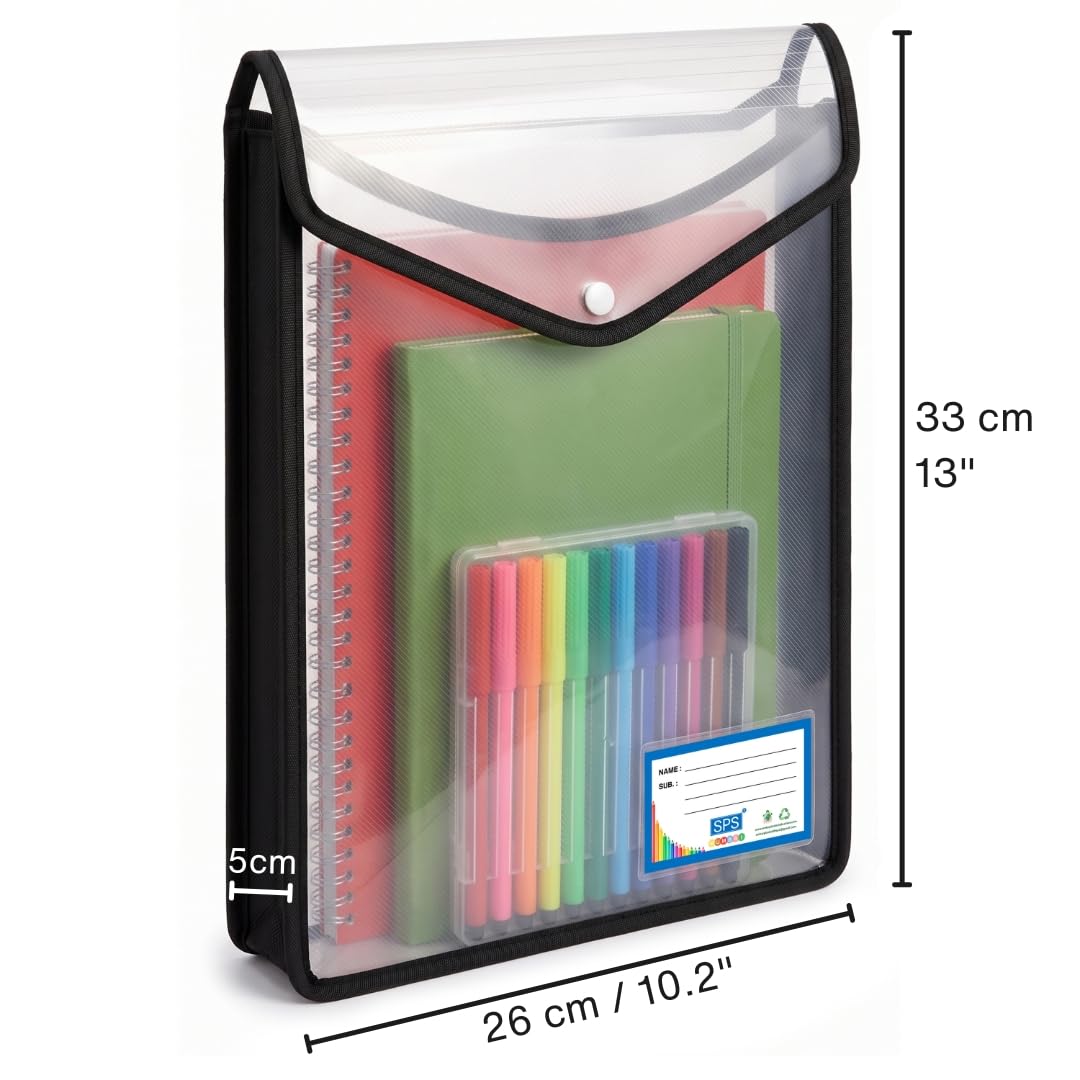 SPS Carpeta de archivos, A4 vertical de poliplástico, bolsa de almacenamiento de archivos transparente con botón pulsador, juego de 5 carpetas de archivos (vertical, negro, paquete