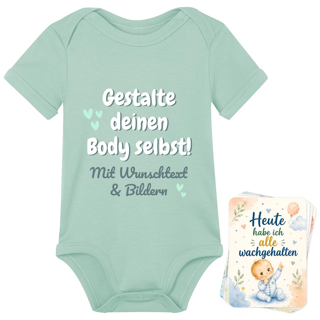 Babybody personalisiert mit Namen inkl. 8 Meilensteinkarten, Baby Geschenk zur Geburt für Mädchen & Jungen, Body Baby Neugeborene, Babyparty Geschenk, Taufe, Unisex Baumwolle