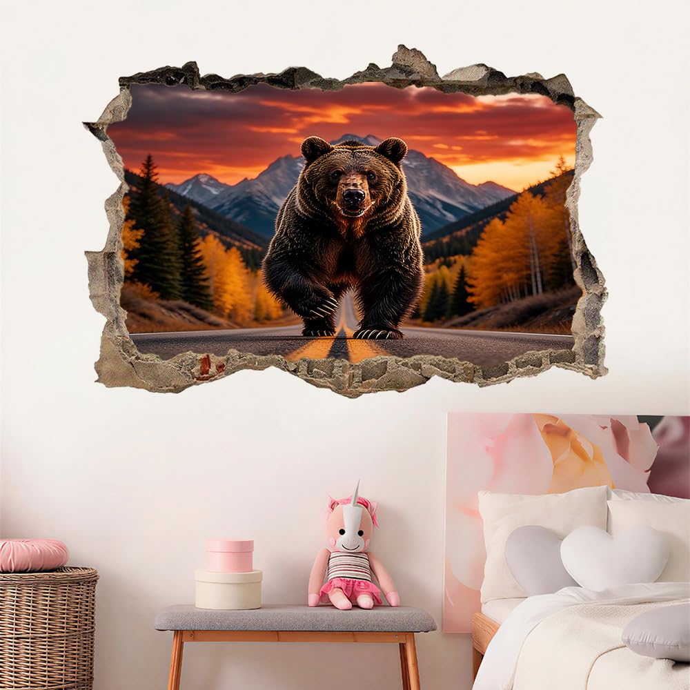 3D Durchbruch Wandtattoo Mädchen Kinderzimmer Bären Wandaufkleber Dekorative Berglandschaft Wandsticker für Junge Teenager Zimmer Wohnzimmer Schlafzimmer Wandbilder Deko