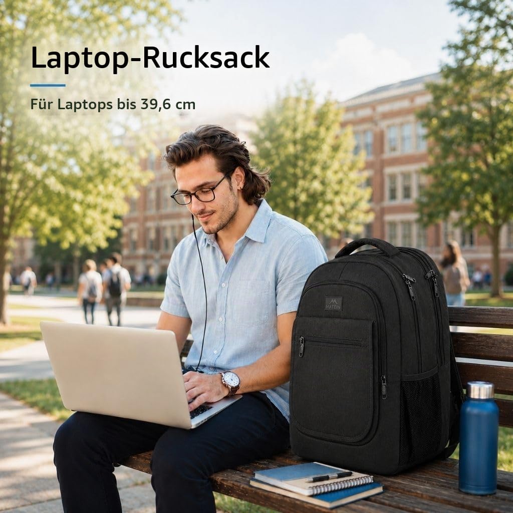 MATEIN Rucksack Herren, Groß Erweiterbarer Laptop Rucksack 15,6 Zoll mit USB Ladeanschluss, Business Reise Backpack Damen, Wasserdicht Anti Diebstahl Rucksäcke Arbeit Schulrucksack Tasche, Schwarz