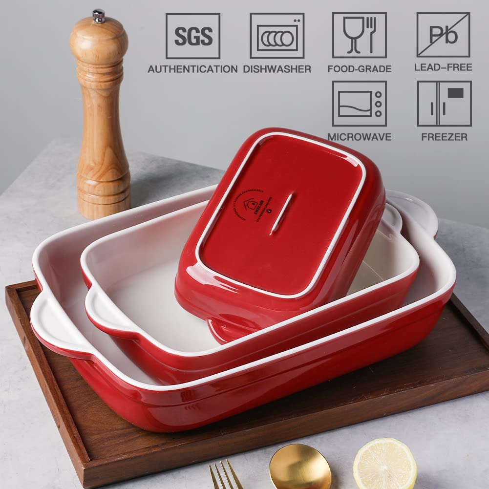 Sweejar Plato de cerámica para hornear, sartén antiadherente con asas, bandeja rectangular para lasaña para cocinar, cocina, cena, banquete y uso diario, 13 x 9 pulgadas, juego de 3 (rojo)