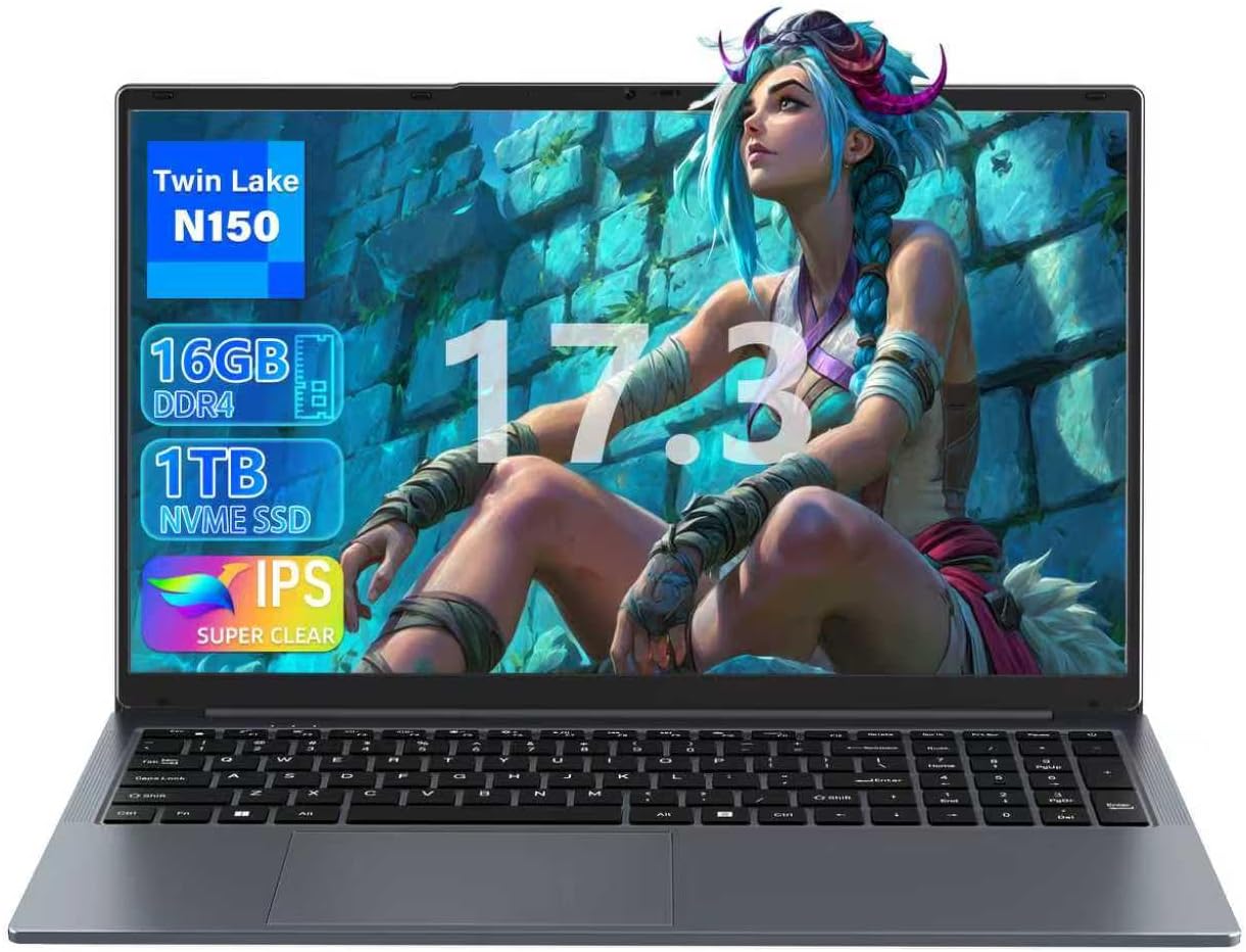 17.3-inch Business Laptop PC, N150 CPU 16GB RAM 1TB NVMe SSD,FHD IPS Large Sc...