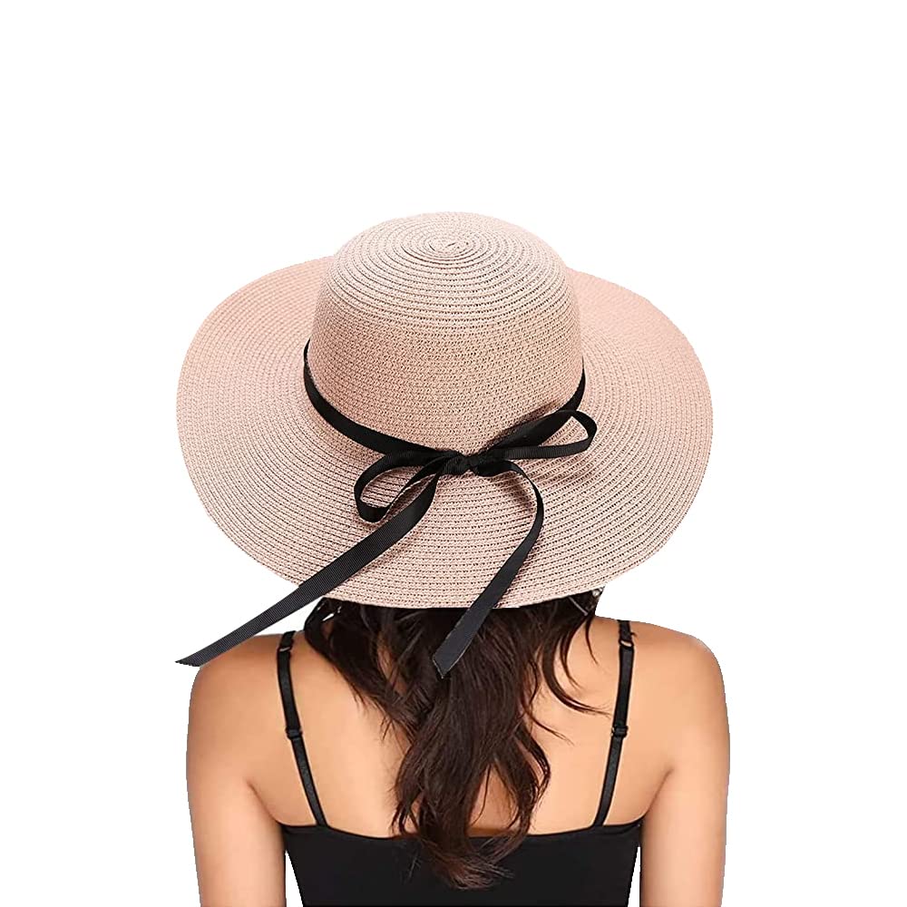 Eight Space Sombrero De Paja para Mujer, Sombrero De Paja De ala Ancha De Verano Plegable Ajustable con Lazo, Sombrero De Playa para Mujer para Playa, Vacaciones, Actividades Al Aire Libre