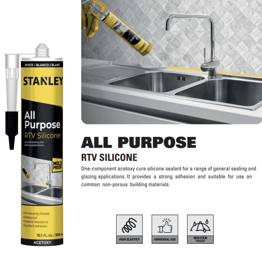 Stanley All Purpose RTV Silicone Sealant - 12x10.1 fl. oz. Clear, Window and Door Caulk,%100 Silicone Waterproof and Flexible Sealar for Kitchen & Bathroom, Cartridge, 12 Pack