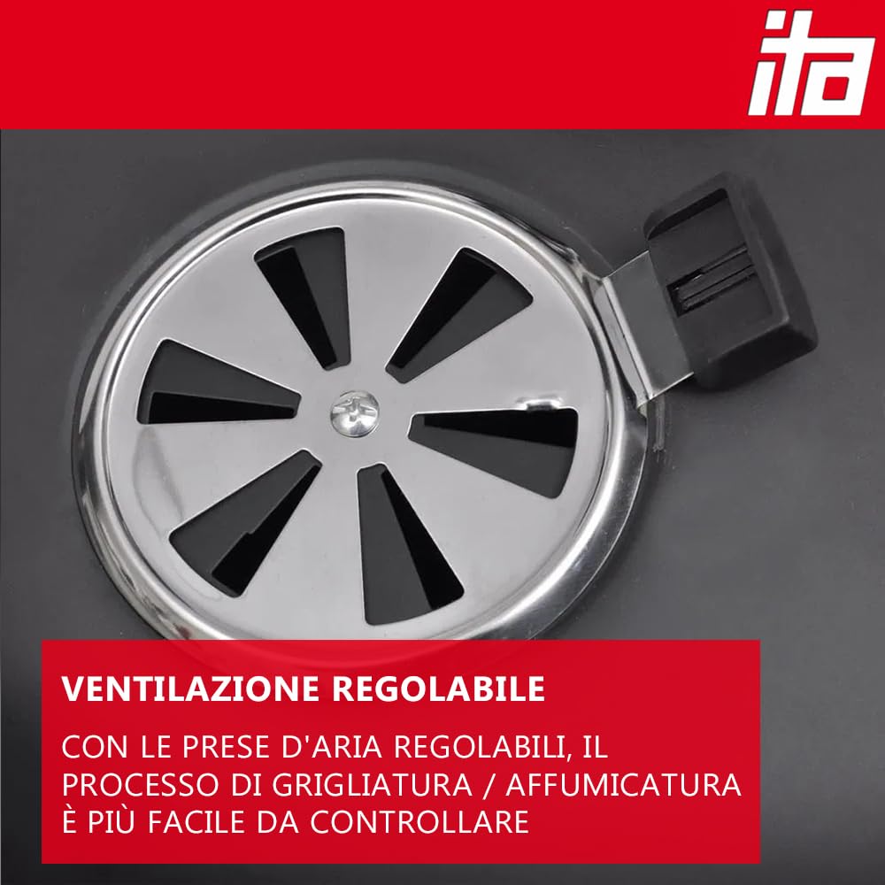 ITA Griglia Multifunzione 3 in 1 - Grigliare, Affumicare, Cuocere - Barbecue a Carbone modulare con termometro e Regolazione del Flusso d'Aria sul Coperchio - Griglia a Botte affumicatore