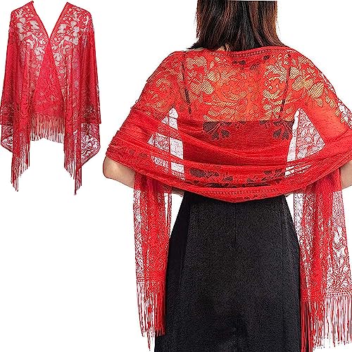 Photo de RY-EARL Femme Châles Etoles Echarpe Foulards en Dentelle Creuse Été Étole de Protection fes Épaules pour Mariages Mariée Bridemaids Cocktail Cérémonies Tenue de Soirée Fête Plage