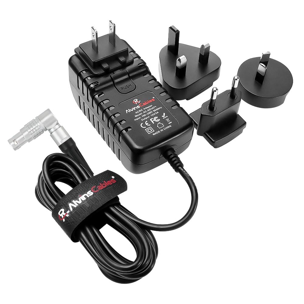 Alvin's Cables Red DSMC3 Rotation 6 Broches Adaptateur d'alimentation AC Femelle 12V Chargeur Bougie Universel 3A pour caméra V-Raptor DSMC2 Komodo-X,pour DJI Ronin 4D,avec UK EU Au US Pinks 2M/6.6ft
