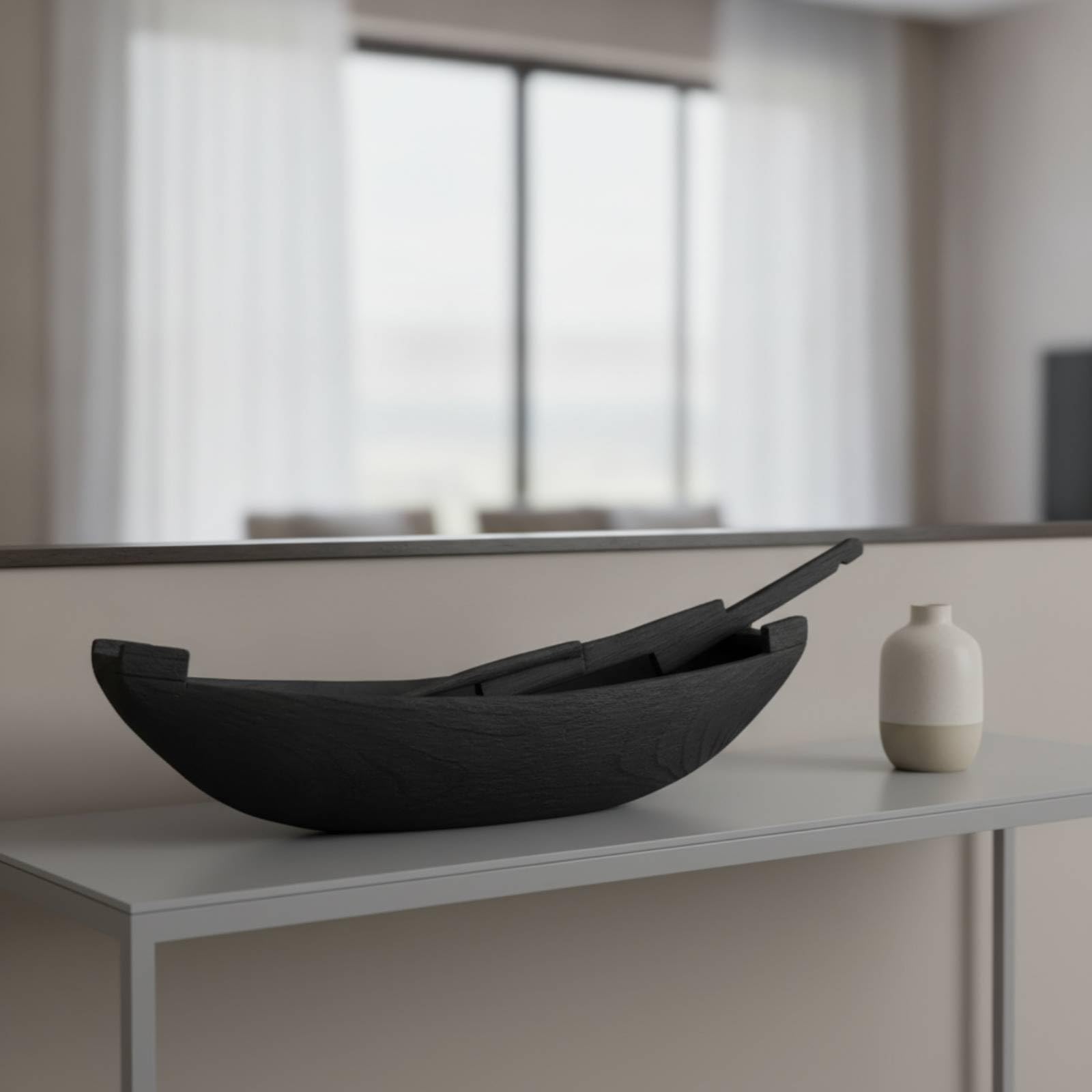Boot mit Ruder seemännisch Boot handgefertigt Schiff für Wohnzimmer, Eingangsbereich, Hotel-Eingangshalle, Schwarz, 94 29 24cm