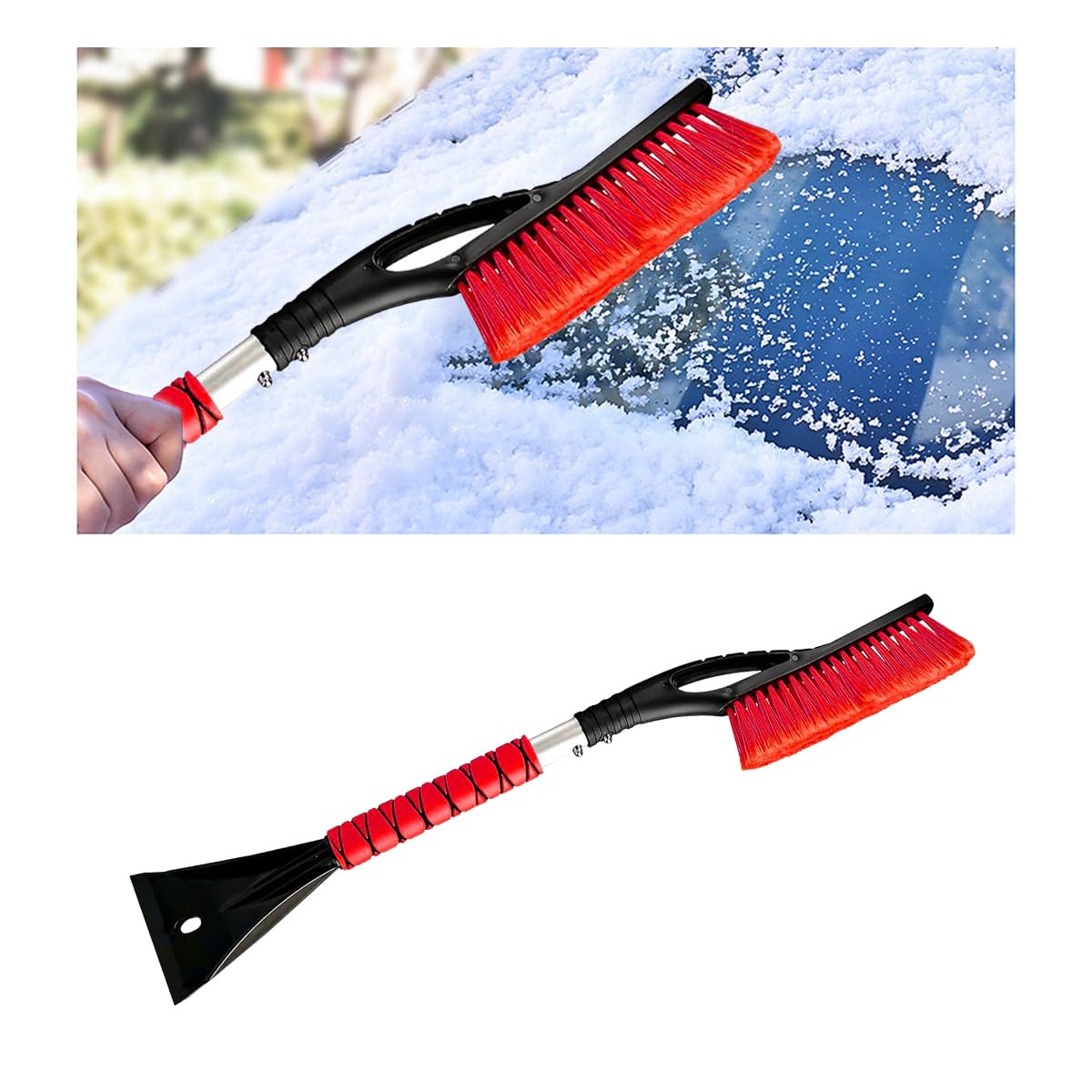 27" Snow Brush and Ice Scrapers for Car Windshield and Window, Detachable Winter Snow Remover Ice Shovel Tool with Ergonomic Foam Grip & No Scratch Bristles, Car Accessories for Truck SUV (Red)