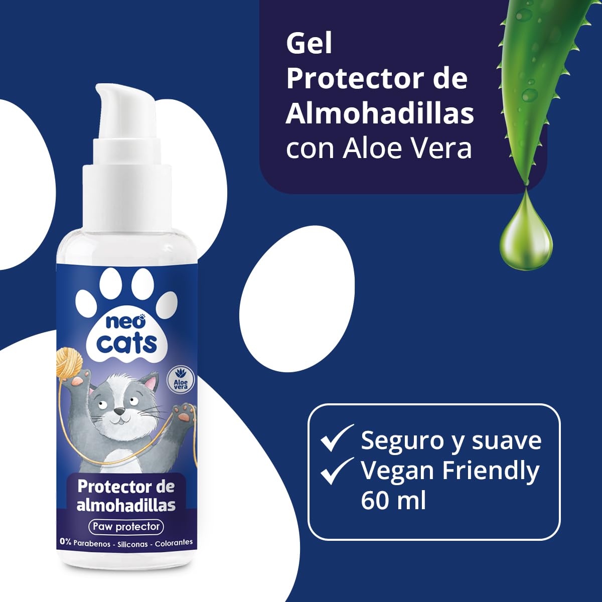 Gel Protector de Almohadillas para Gato con Aloe Vera - Previene Grietas y Heridas - Repara e Hidrata - Fórmula con pH Adaptado y Extracto Natural - 60 ml