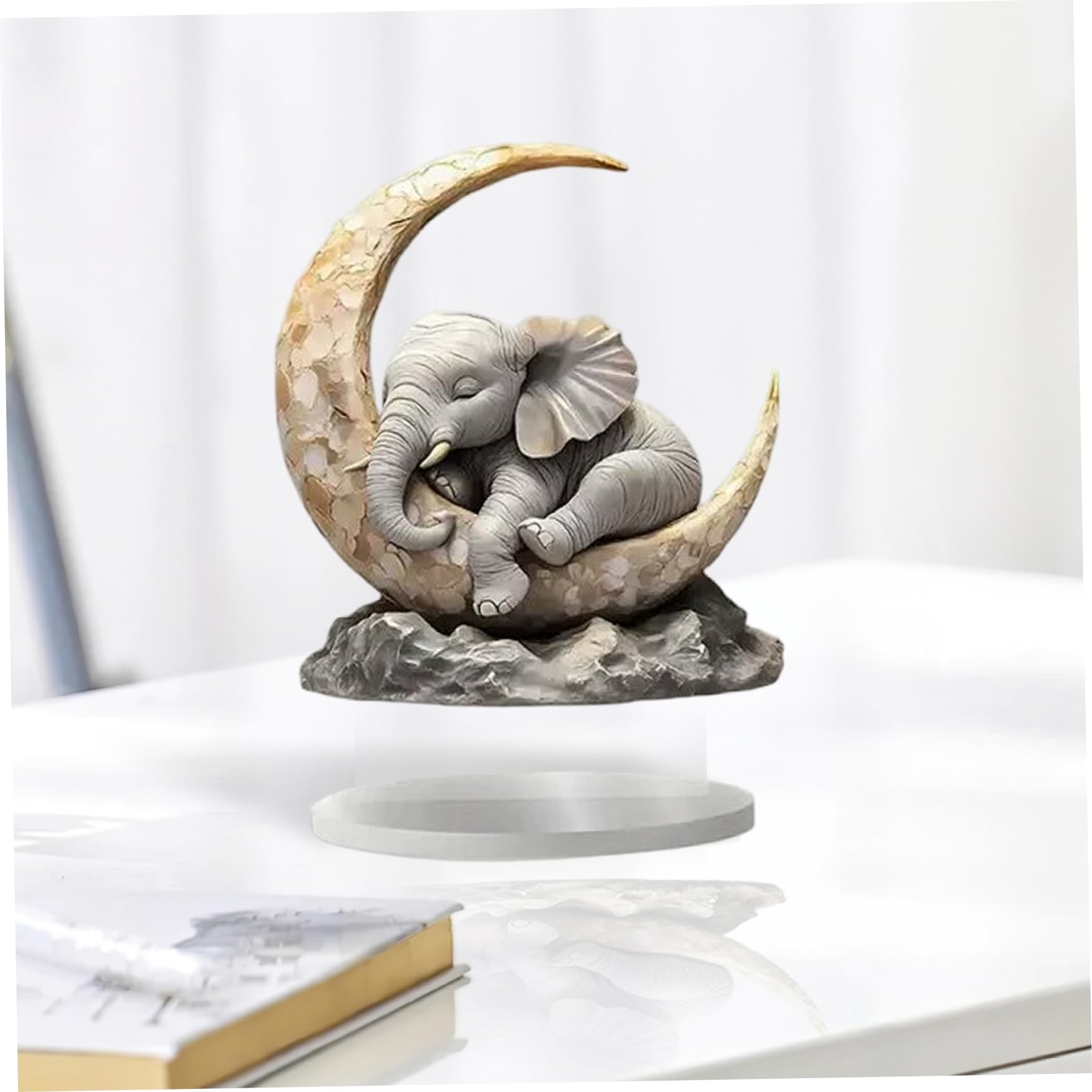 AwnsIMfreien Elephant Ornaments, Elephant Ornament - Dreamy Sleeping Figurine on Moon Artwork, 2D Acrylic Flat Tabletop Decor for Living Room, Bedroom, Office, Figurine