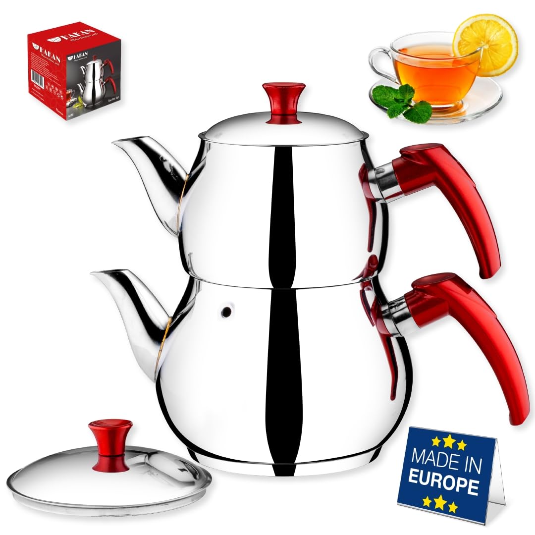 Hakan Teapot Set 67 Oz with Self Strainer Double Lids, Stainless Steel Mini Double Bondy Tea Pot Set 2 L, 2.1-Quart, Turkish Samovar Style, Tea Kettle for Loose Leaf Tea with Red Bakelite Handle