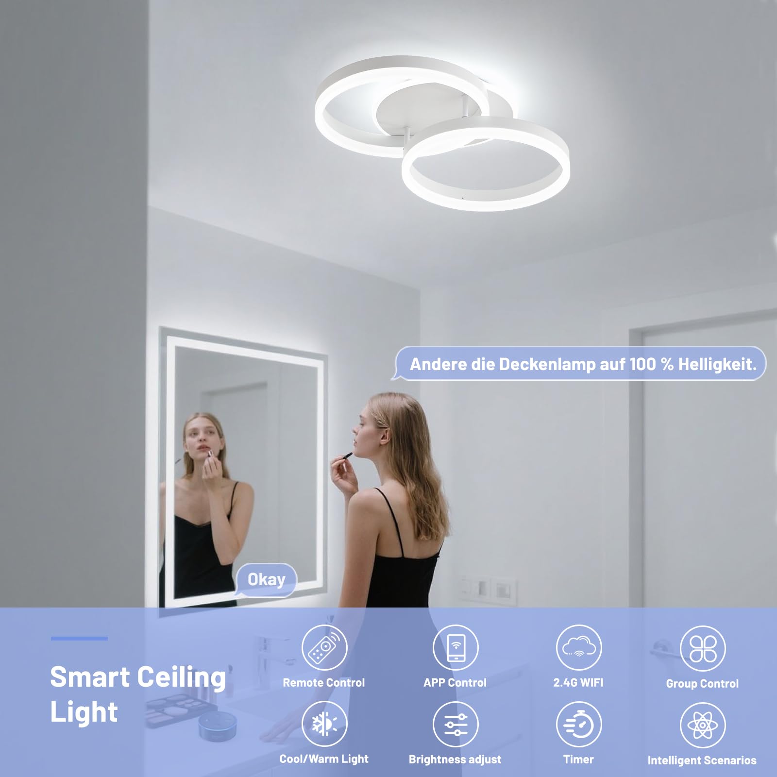 Smart Plafoniera LED Alexa, φ50 cm Design 2 Ring, Lampada da Soffitto 36W, Dimmerabile con Telecomando, Metallo+Acrilico, per Cucina, Camera da letto, Sala da Pranzo Bianco