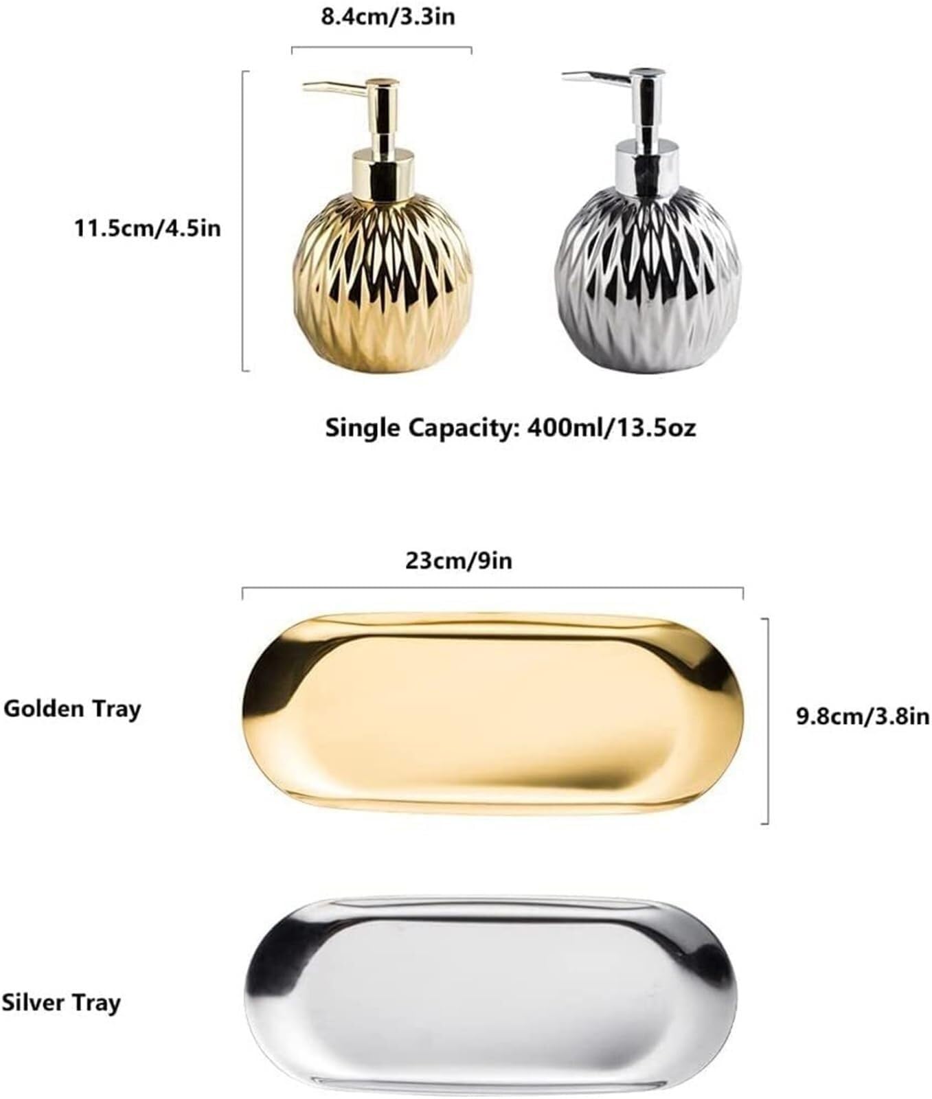 Set di accessori per il bagno Dispenser di sapone in ceramica forma rotonda for lozione da 400 ml/13,5 oz, decorazione bagno in stile costiero Arredamento per gli affittuari(Silver,3 piece set)