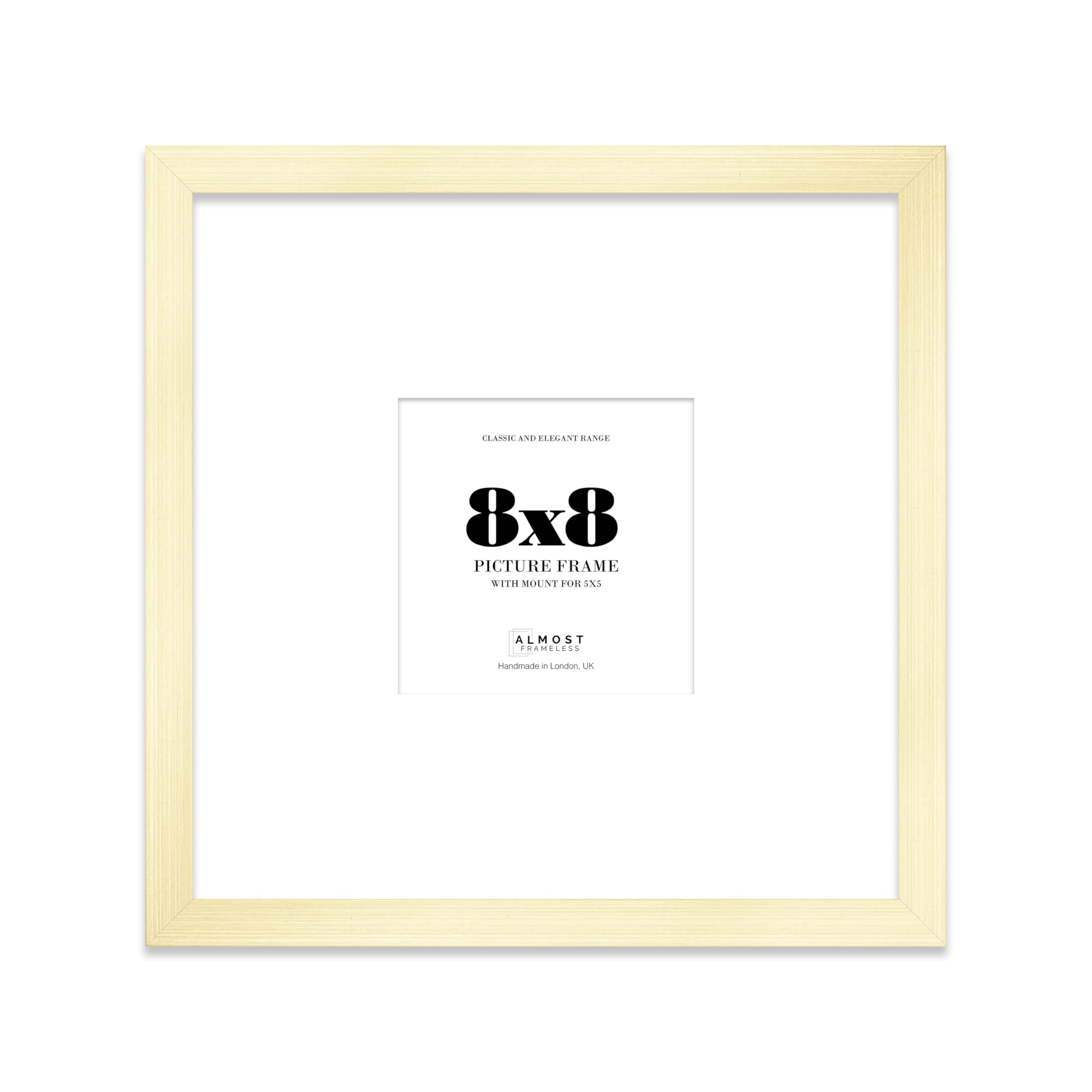 Almost Frameless 8x8 Square Picture Frame, Display Pictures 5x5 With Mat or 8x8 Without Mat, Wall Hanging & Free Standing Photo Frame, Gold, 1 Pack
