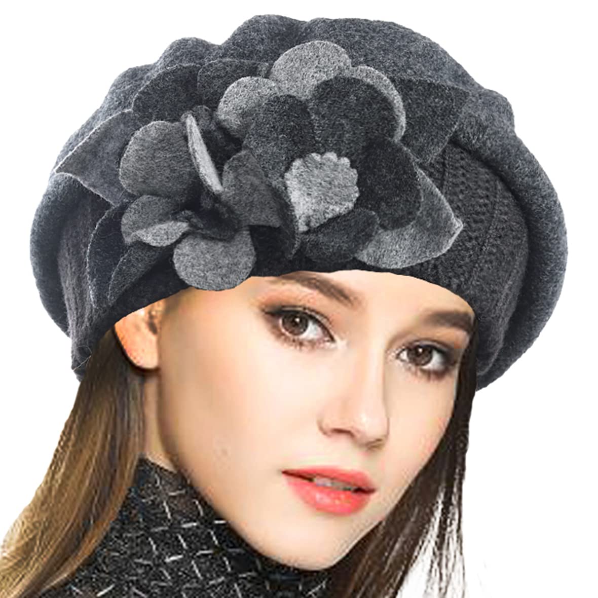 VECRYLady French Beret 100% Wool Beret Floral Dress Beanie Winter Hat