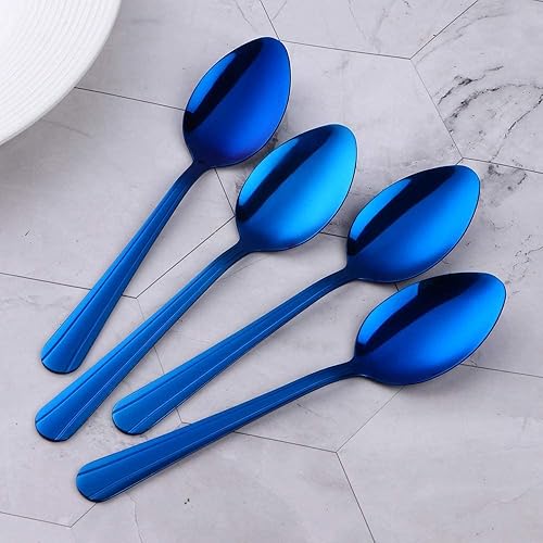 Miniatura 7 de MINGYU Juego de 12 cucharas de acero inoxidable, elegantes cucharas de sopa azules, cucharas de mesa de 7 pulgadas, cucharas de titanio para