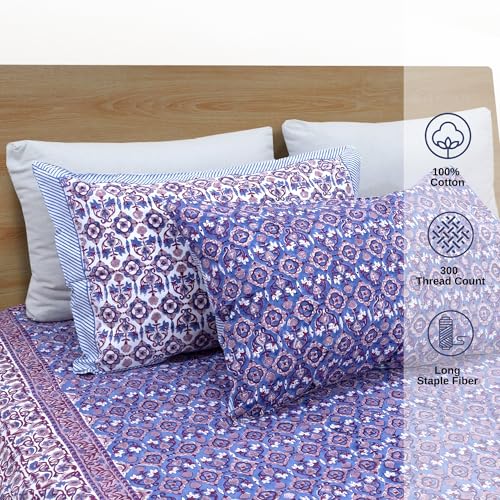 Image of TOAI Hand Block Printed Bedsheet | Bed Spread Flatsheet Bed Sheet | Pure Cotton | King Size 108 inchx108 inch | 300 TC Long Staple Cotton | 2 Reversible Pillow Covers |Moroccan Tiles