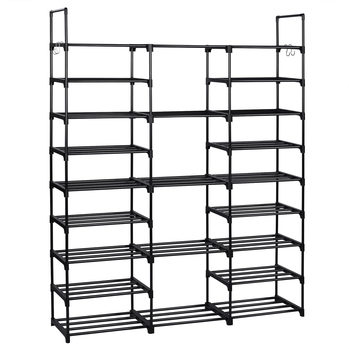 T-LOVENDO.ES Zapatero Grande y Estrecho Entrada recibidor. Mueble Organizador de Zapatos Armario estantería 157x31x127cm. 9 Niveles. Tubos de Hierro. Ganchos Laterales. hasta 50 Pares. Negro