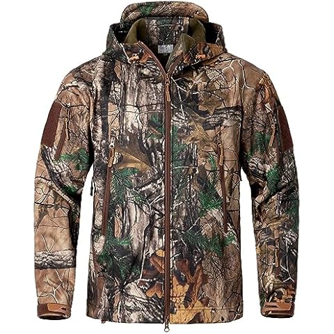 CARWORNIC Hunting Clothes for Men Softshell Real Tree Camouflage Jacket Outdoor Waterproof Camo Fleece Hooded Tactical Coat Windproof Military Army Training Tree Camouflage Hiking Jacket Cover