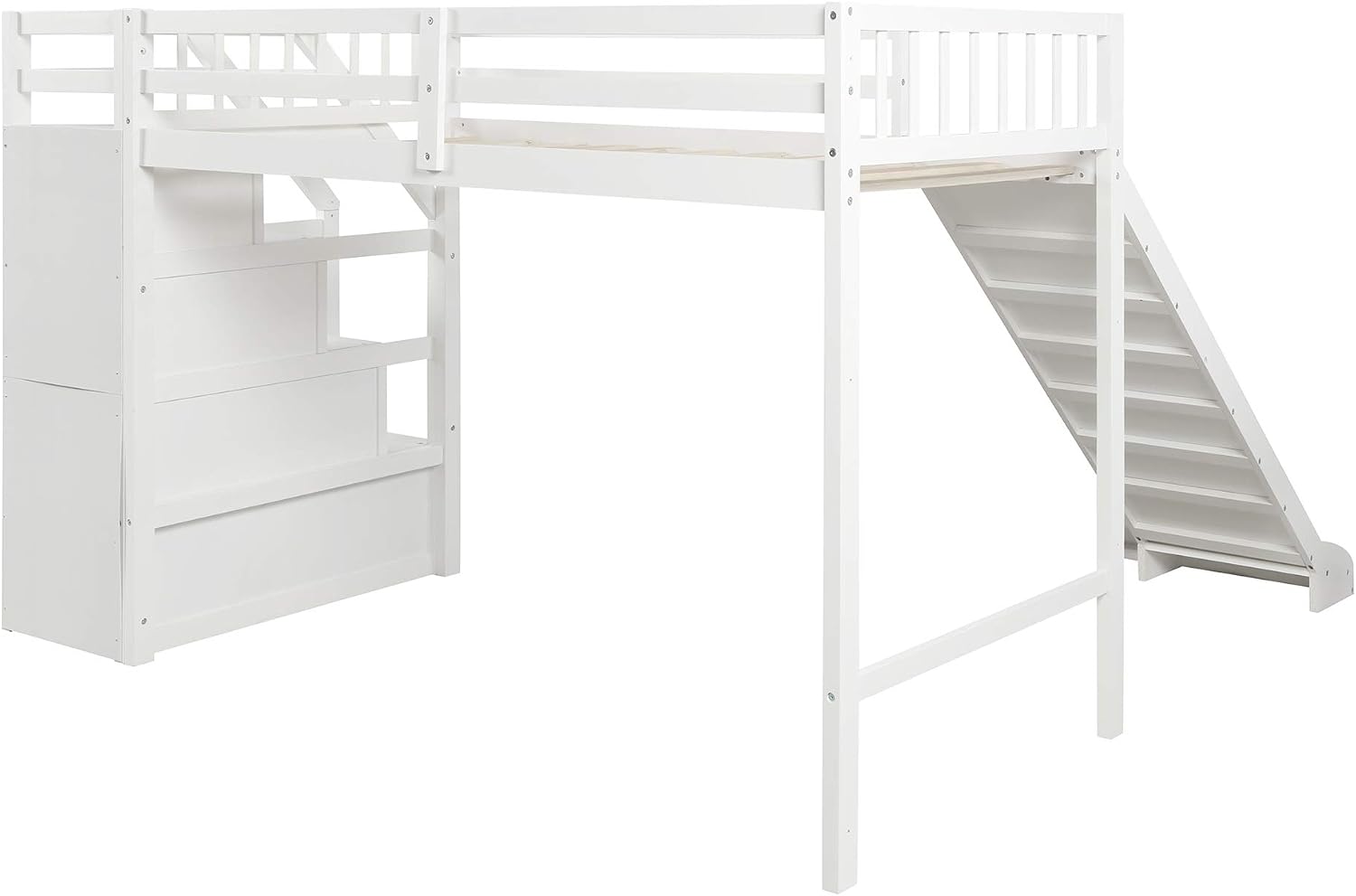 Bellemave Loft Bed with Slide, Kids Wood Twin Loft Bed with 3 Step Staircase Storage & Safety Rail Multifunctional Design,White