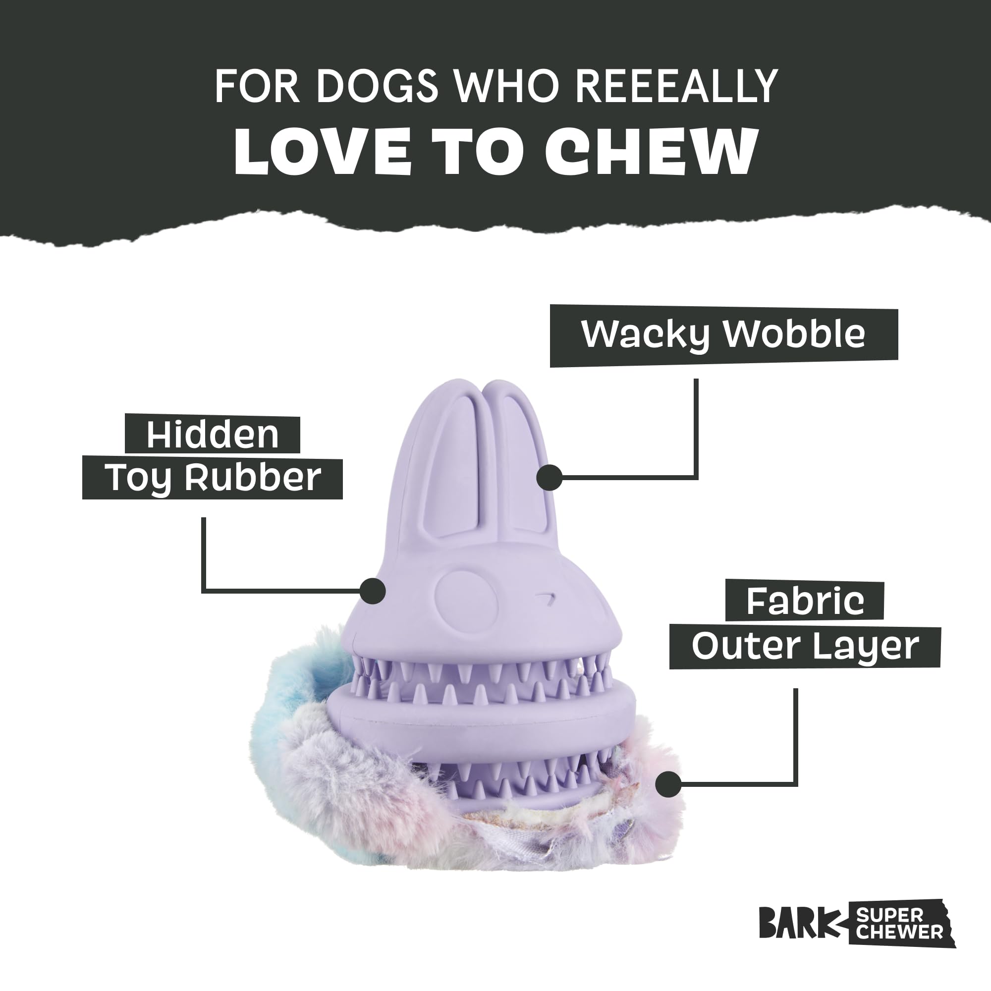 Barkbox BARK Super Chewer Hippi Hopper Dog Toy, Plush-Covered Rubber, Grey Hare Design, Medium/Large, Blue / yellow - Image 2