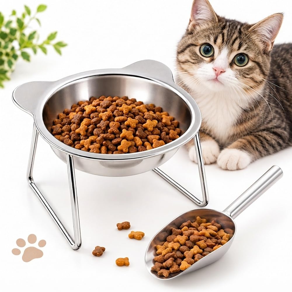 Comedero Elevado para Gatos Acero Inoxidable con Pala, Inclinado 15°