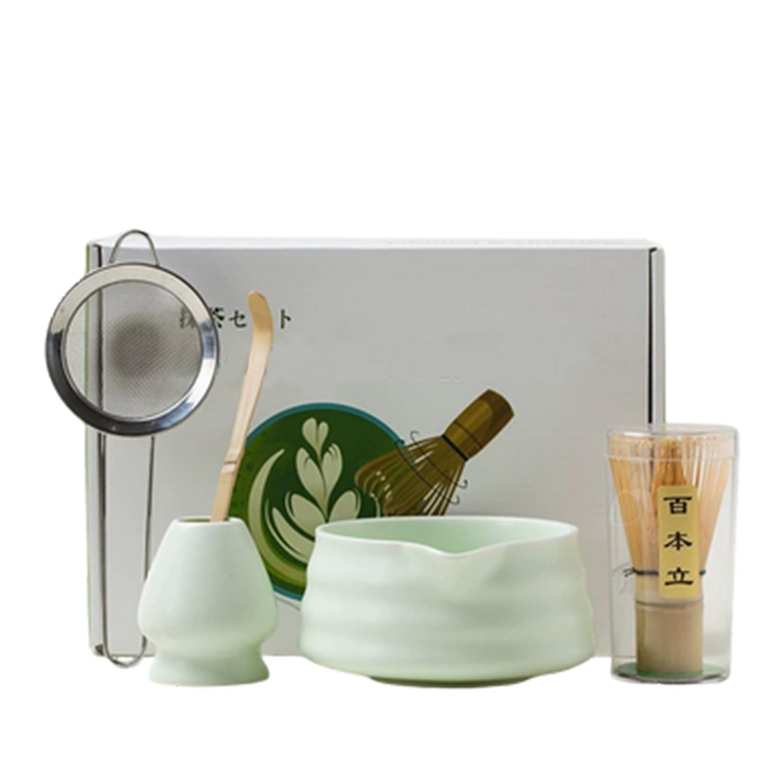 5 Piece Japanese Matcha Bowl Set, Matte Light Green Tea Ceremony Kit for Home