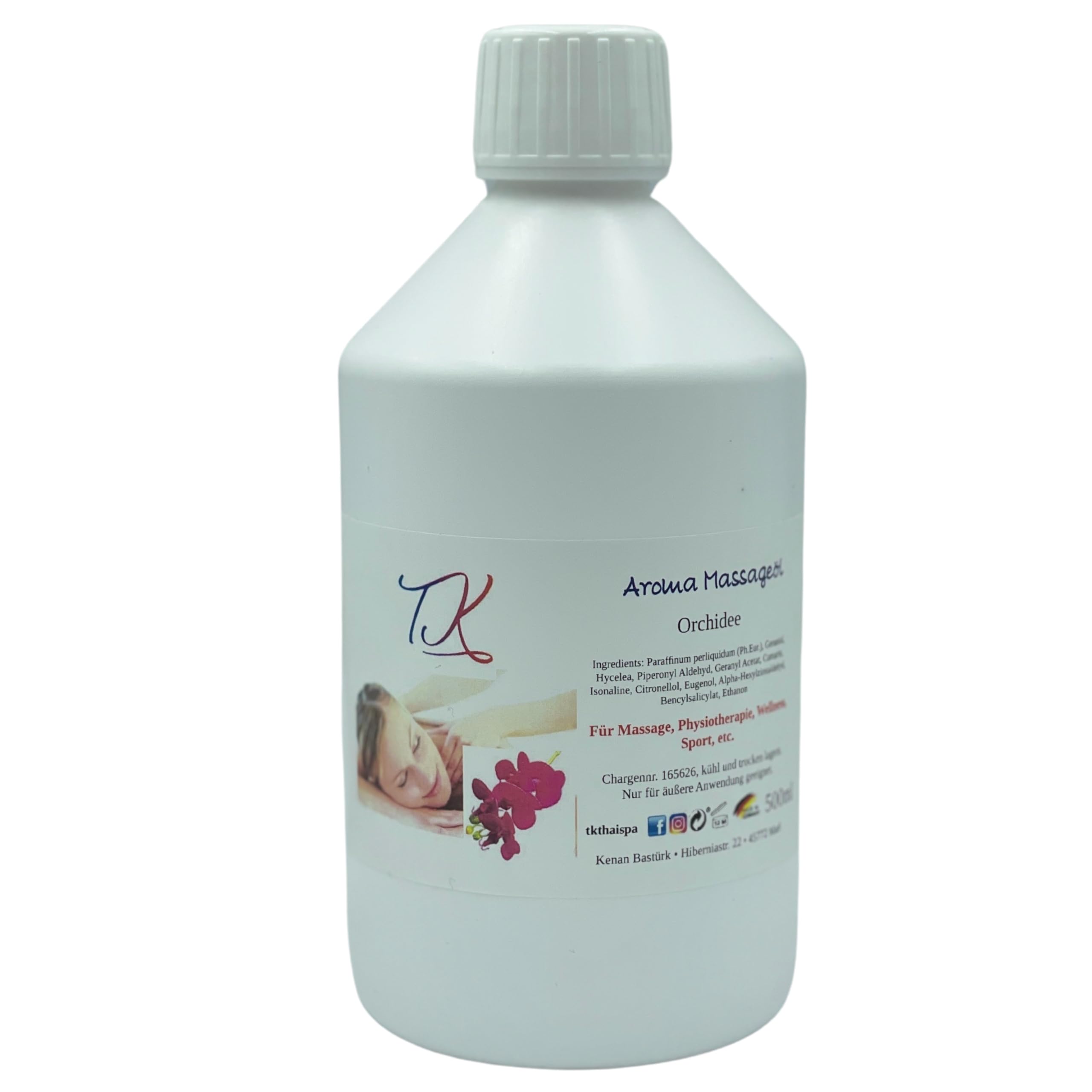 Lot de 11 huiles de massage aromatiques (2 x 500 ml) pour massage, physiothérapie, bien-être, sport, etc. de qualité pharmaceutique (1000 ml, orange et orchidée)