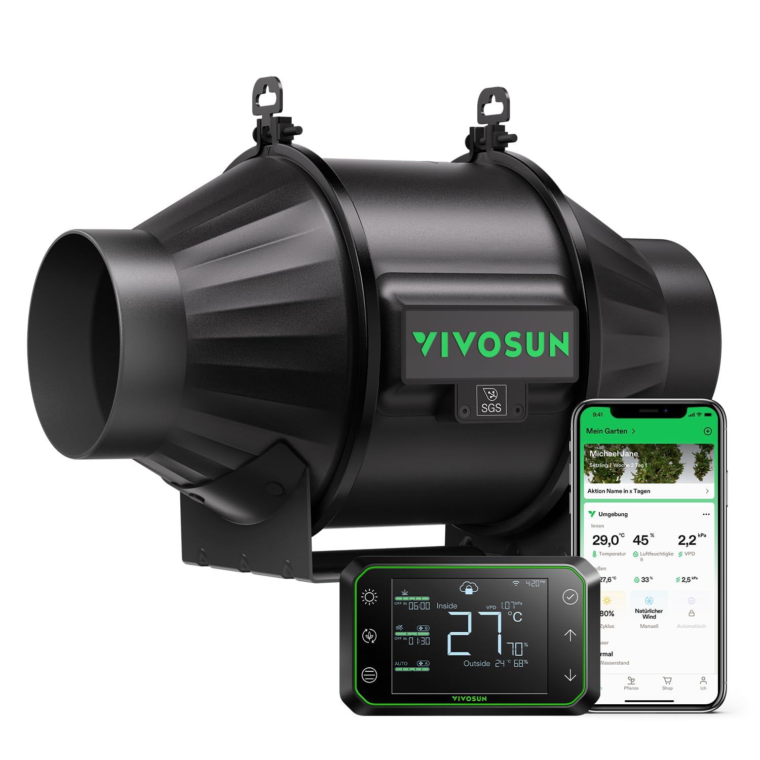 VIVOSUN Smart Rohrventilator 100mm AeroZesh T4 PRO Abluftventilator 357m³/h mit GrowHub E42A+, VPD-Regler, WiFi/App-Fernsteuerung, Ventilator Growbox Rohrlüfter für Growzelte Gewächshäuser