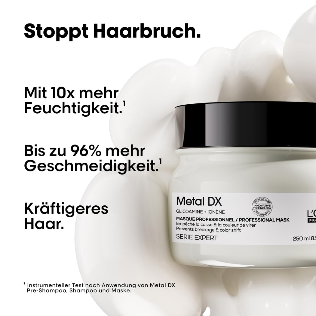 L'Oréal Professionnel Pflegeduo für alle Haartypen, beugt Haarbruch & Farbveränderungen vor, Anti-Frizz, Hitzeschutz, Mit Glicoamin, Serie Expert, Metal DX Haarmaske & Leave-In Cream